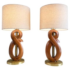 Newly Refinished -Pair of Mid-Century Modern Sculpted Walnut & Brass Table Lamps