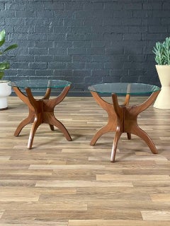 Newly Refinished -Pair of Mid-Century Modern Sculpted Walnut & Glass Side Tables