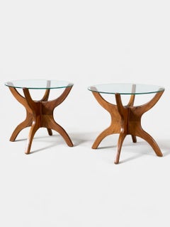 Newly Refinished -Pair of Mid-Century Modern Sculpted Walnut & Glass Side Tables