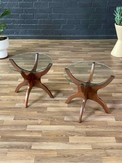 Newly Refinished -Pair of Mid-Century Modern Sculpted Walnut & Glass Side Tables
