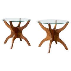Newly Refinished -Pair of Mid-Century Modern Sculpted Walnut & Glass Side Tables