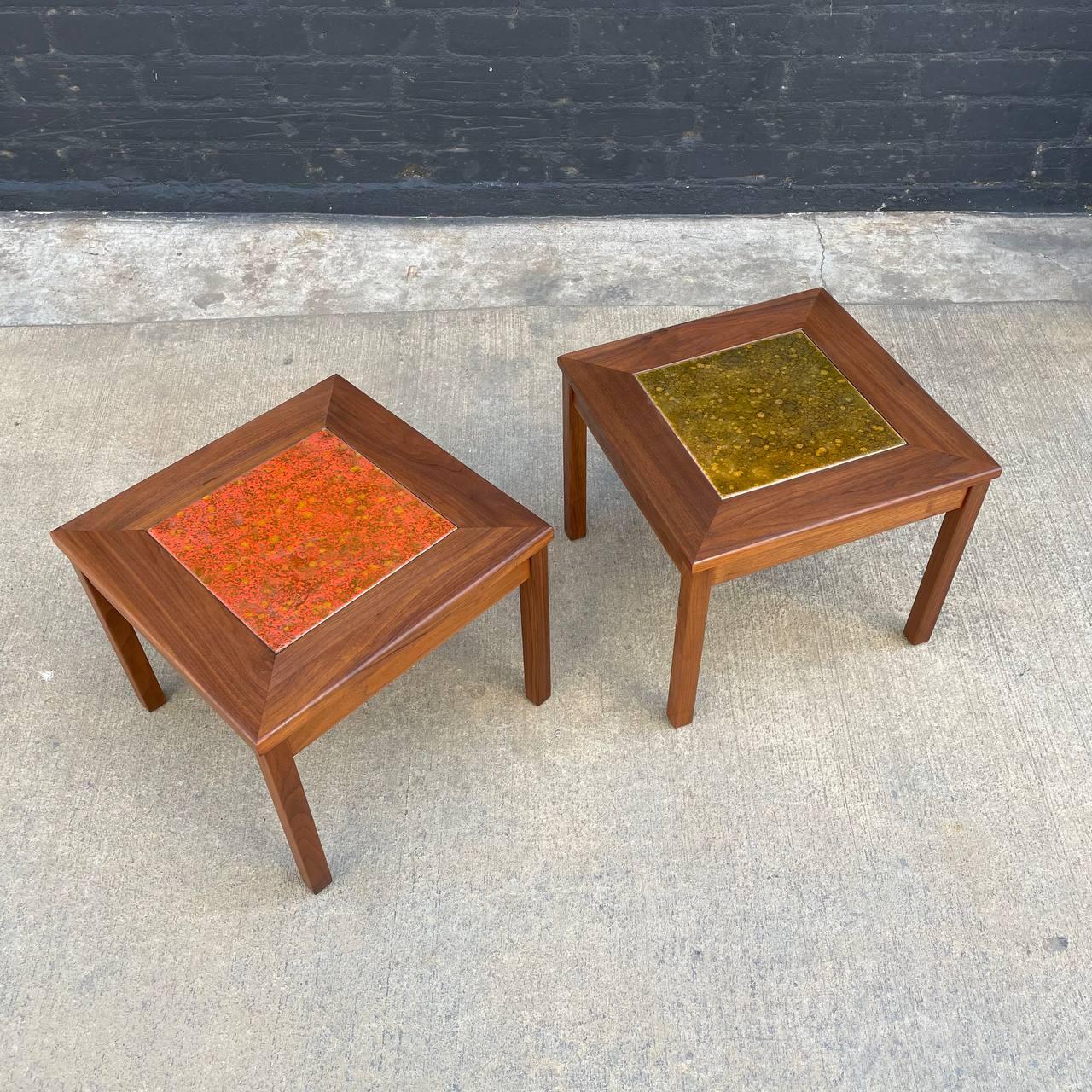 American Newly Refinished - Pair of Mid-Century Modern Tile Top Side Tables by John Keal  For Sale