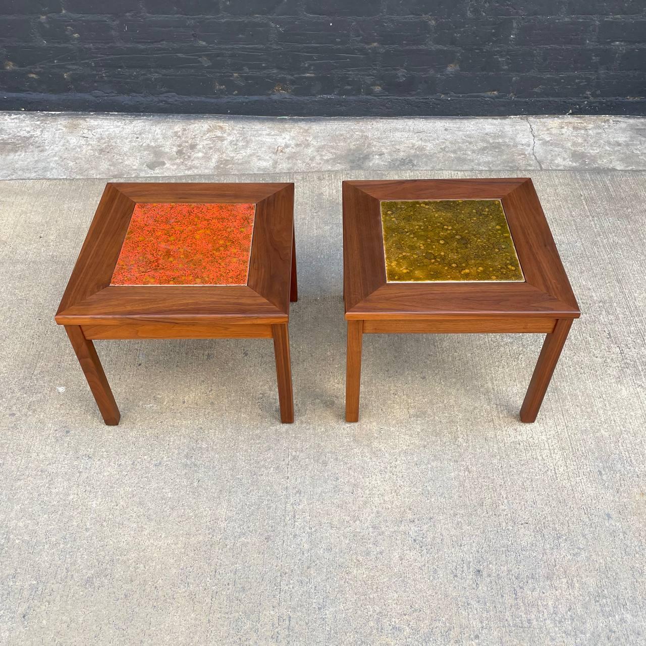 Newly Refinished - Pair of Mid-Century Modern Tile Top Side Tables by John Keal  In Good Condition For Sale In Los Angeles, CA