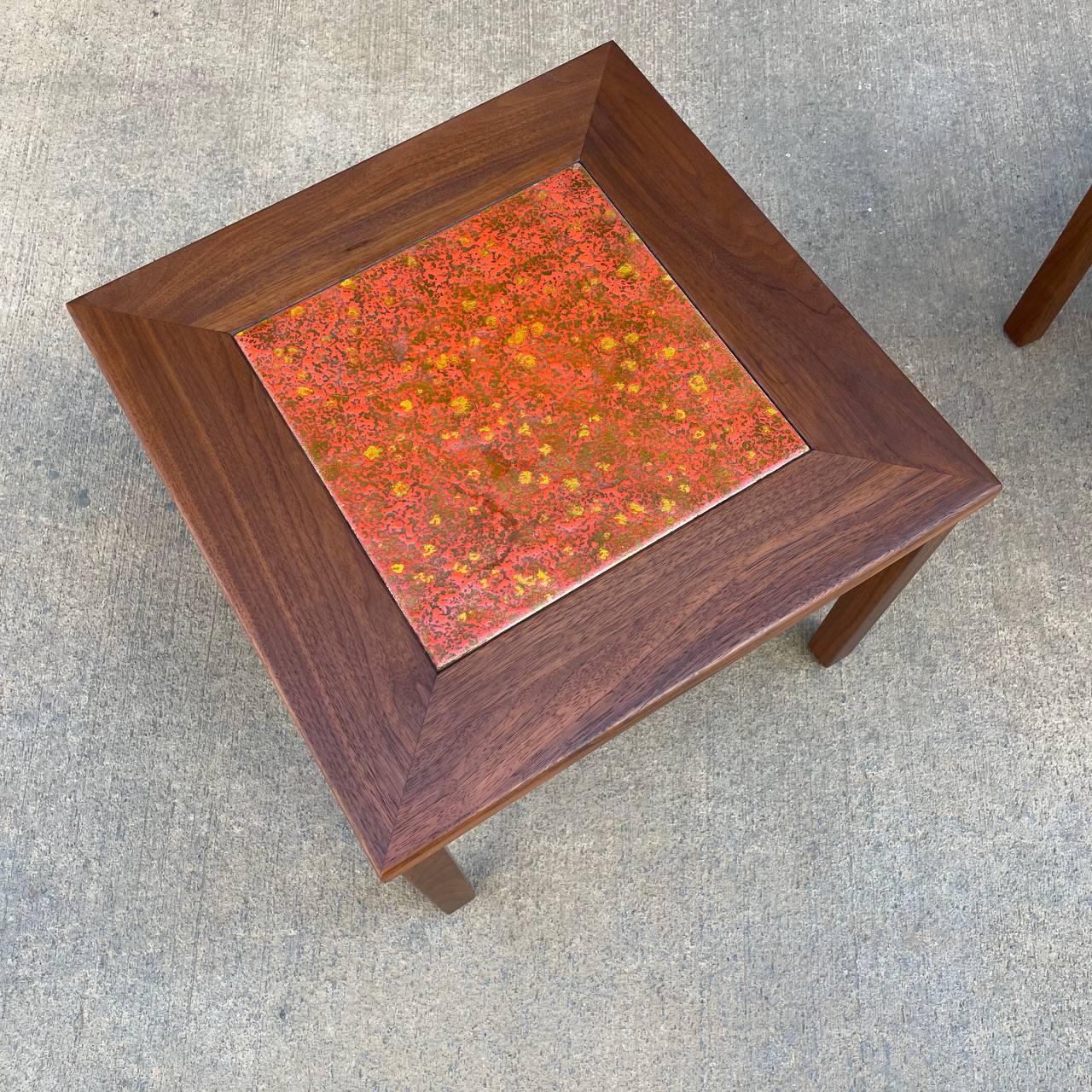 Walnut Newly Refinished - Pair of Mid-Century Modern Tile Top Side Tables by John Keal  For Sale