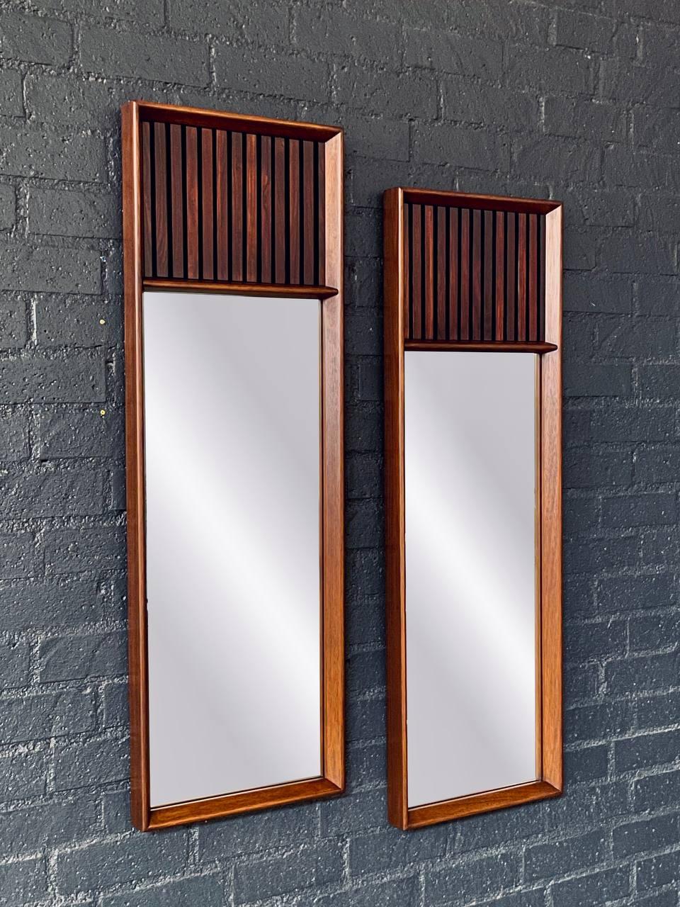 American Newly Refinished-Pair of Mid-Century Modern “Tower Suite” Rosewood Pecan Mirrors For Sale
