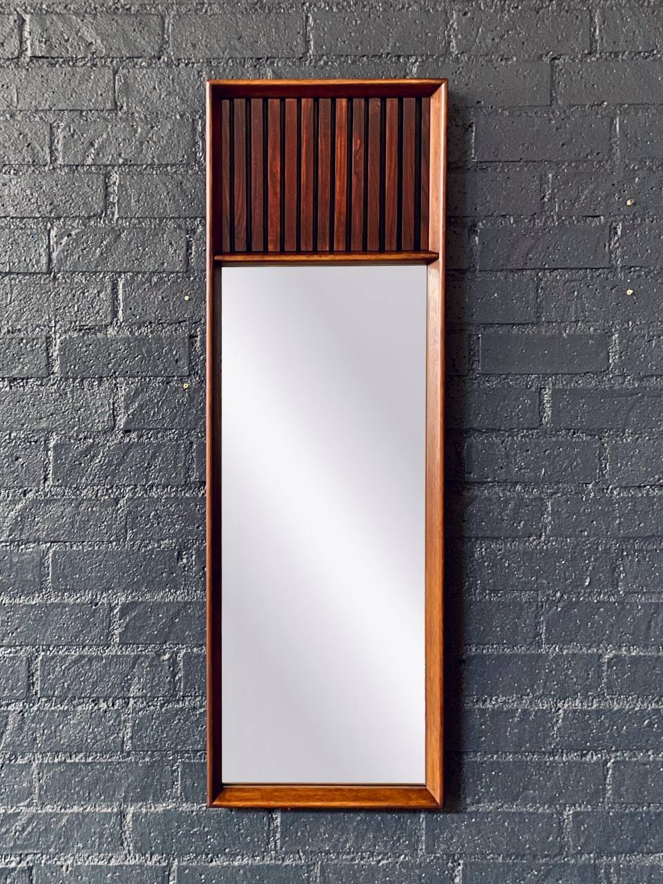 Newly Refinished-Pair of Mid-Century Modern “Tower Suite” Rosewood Pecan Mirrors In Excellent Condition For Sale In Los Angeles, CA