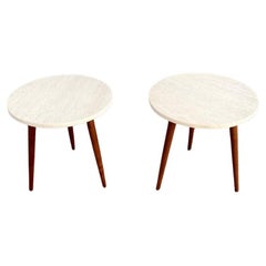 Newly Refinished Pair of Mid-Century Modern Tripod Side Tables, Travertine Stone