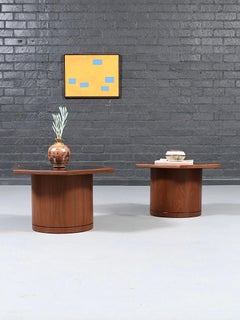 Newly Refinished - Pair of Mid-Century Modern Walnut Hexagonal Drum Side Tables