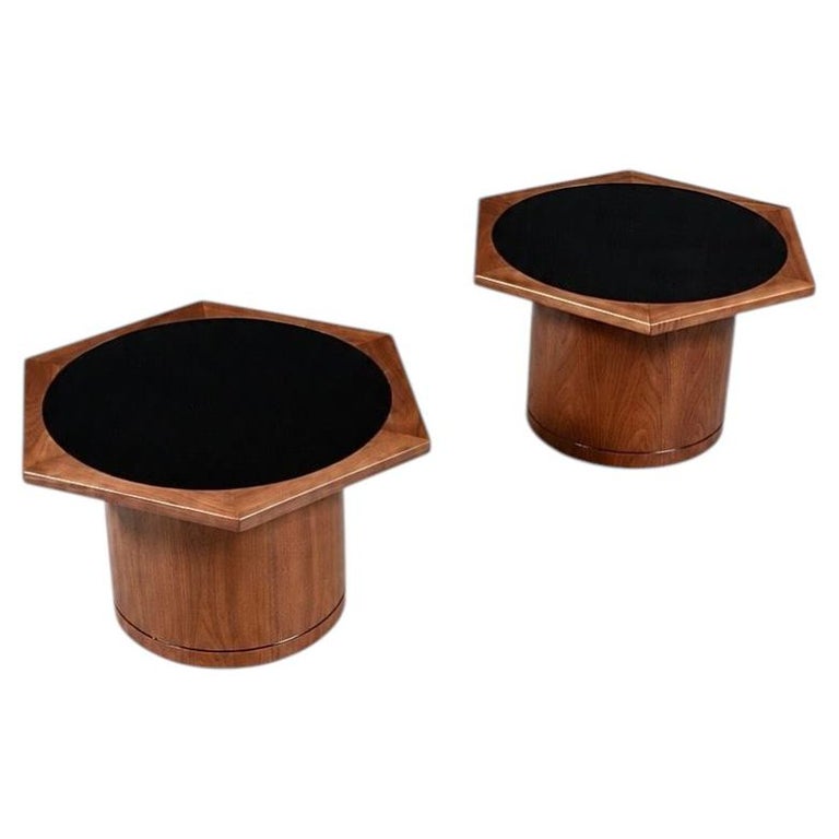 Newly Refinished - Pair of Mid-Century Modern Walnut Hexagonal Drum Side Tables