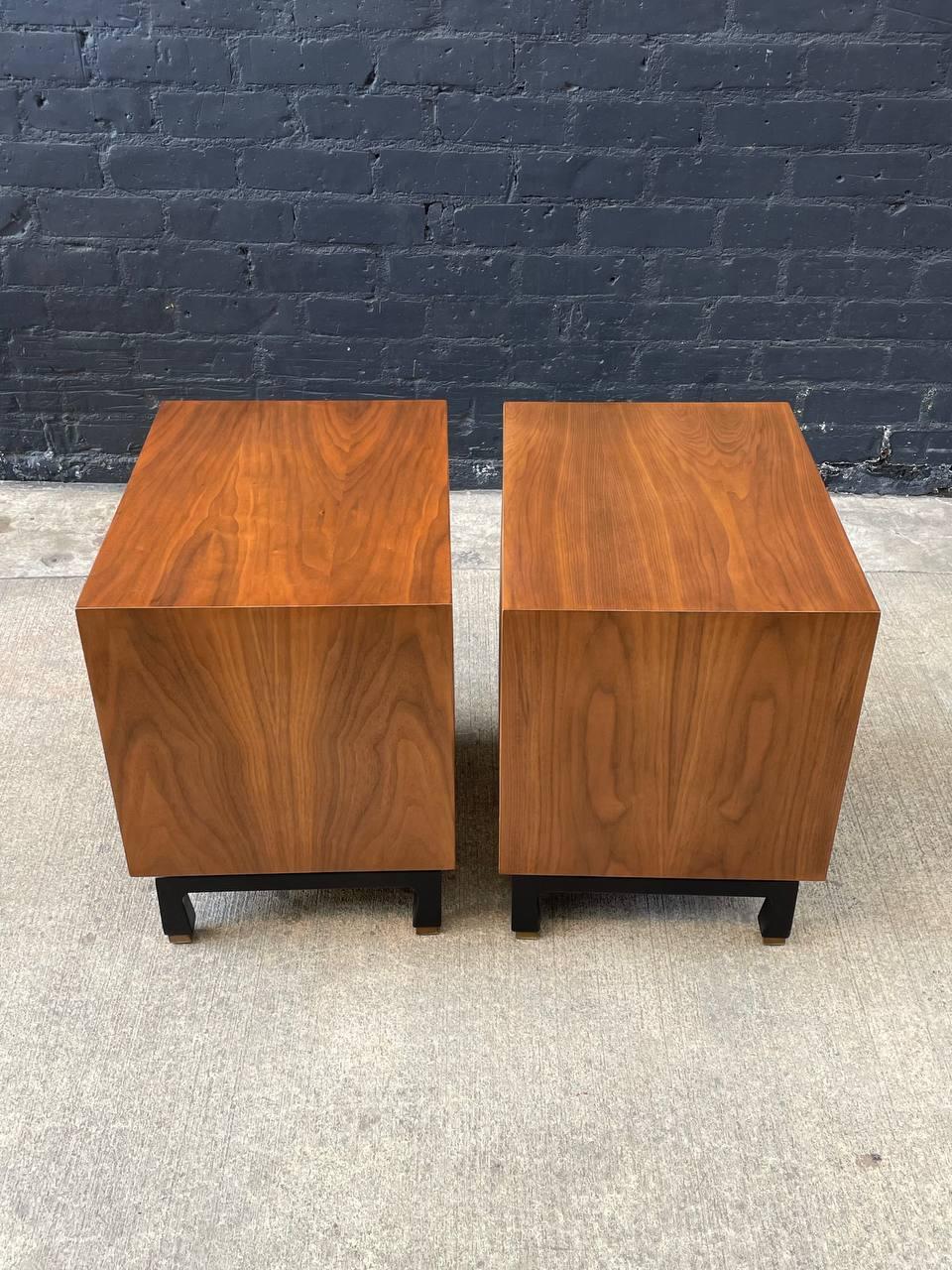 Brass Newly Refinished - Pair of Mid-Century Modern Walnut Night Stands 