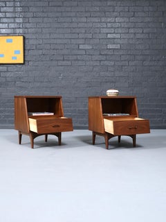 Newly Refinished - Pair of Mid Century Modern Walnut Night Stands w/ Bookcase