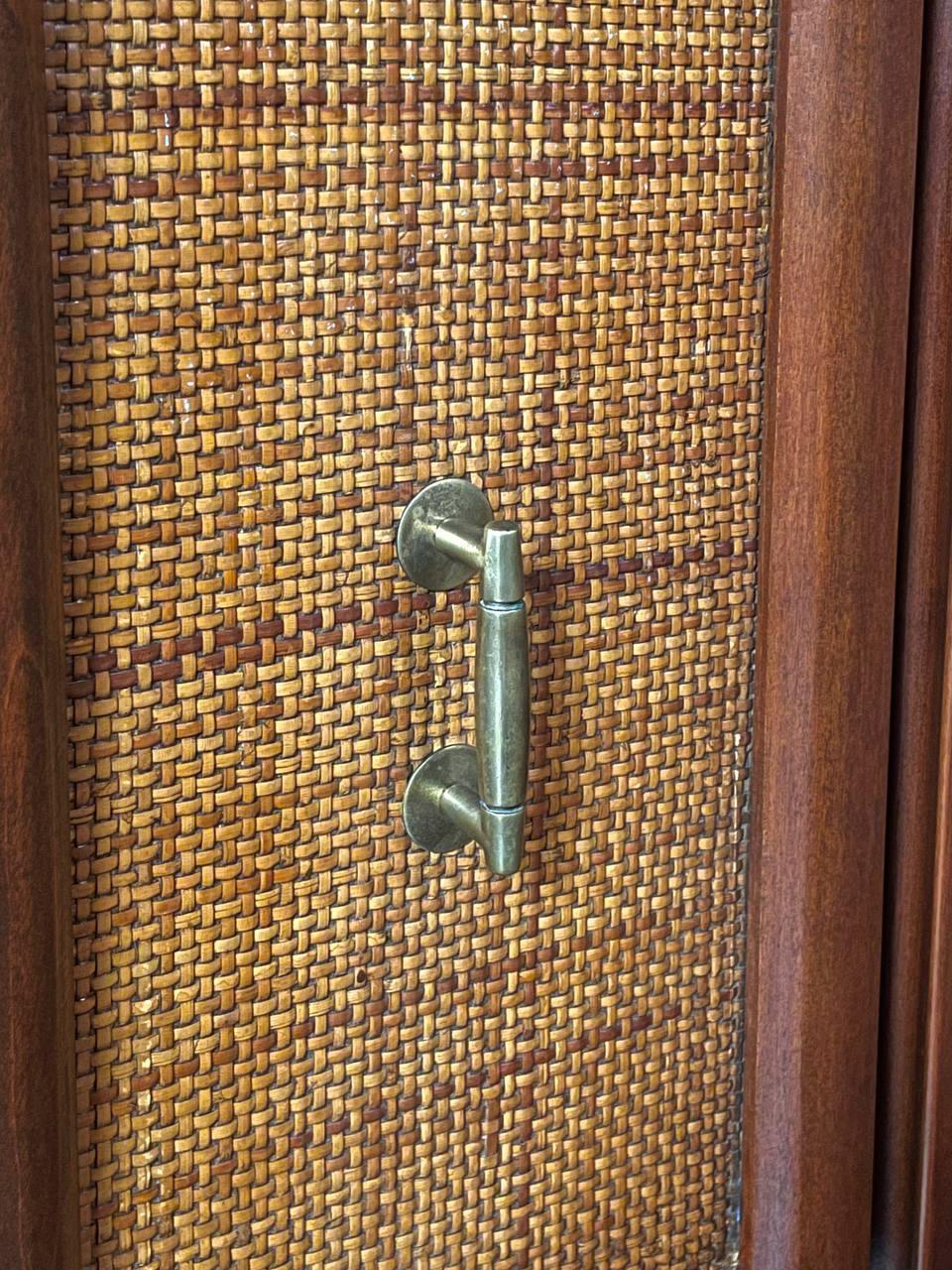 Newly Refinished - Pair of Mid-Century Modern Walnut Night Stands w/ Cane Doors For Sale 4