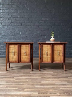 Newly Refinished - Pair of Mid-Century Modern Walnut Night Stands w/ Cane Doors