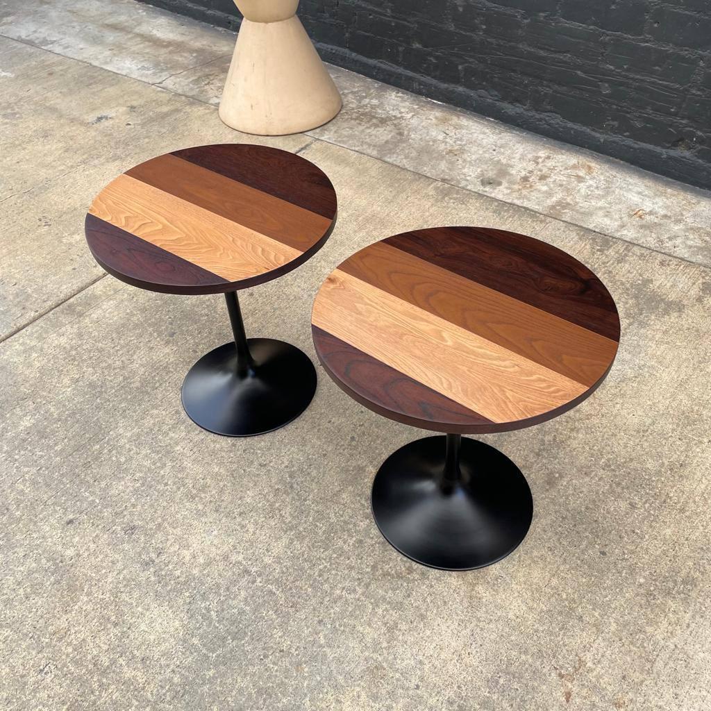 American Newly Refinished - Pair of Vintage Multi-Wood Tulip Style Side Tables 2x For Sale