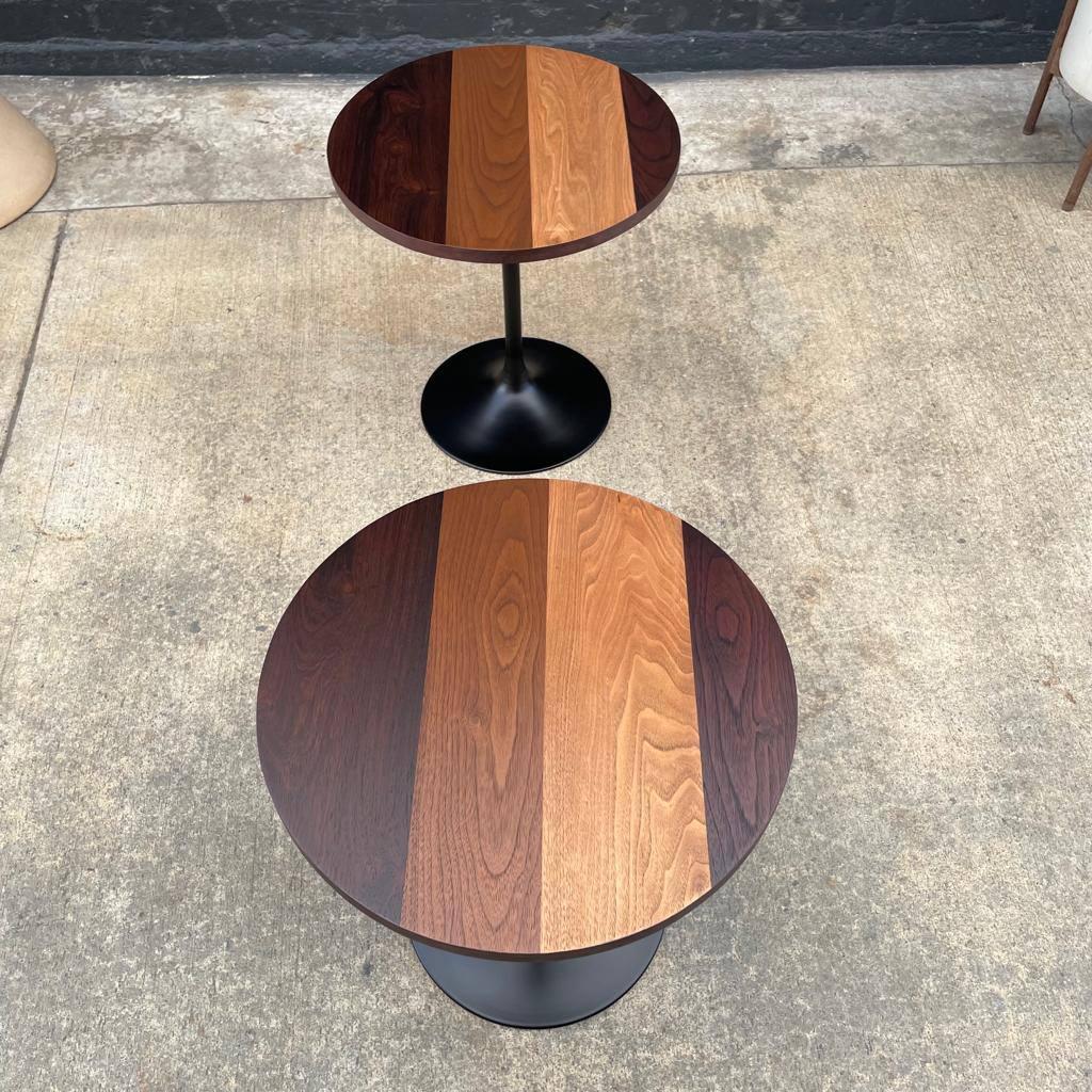 Newly Refinished - Pair of Vintage Multi-Wood Tulip Style Side Tables 2x In Excellent Condition For Sale In Los Angeles, CA