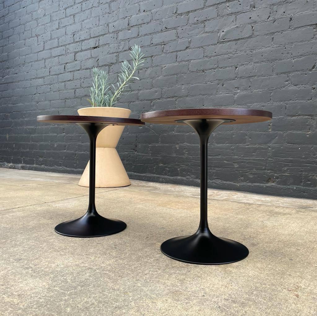 Newly Refinished - Pair of Vintage Multi-Wood Tulip Style Side Tables 2x For Sale 1