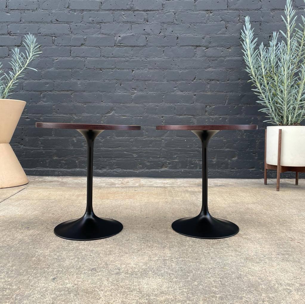 Newly Refinished - Pair of Vintage Multi-Wood Tulip Style Side Tables 2x For Sale 2