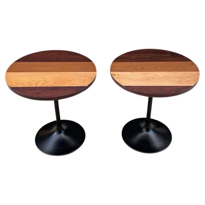 Newly Refinished - Pair of Vintage Multi-Wood Tulip Style Side Tables 2x For Sale