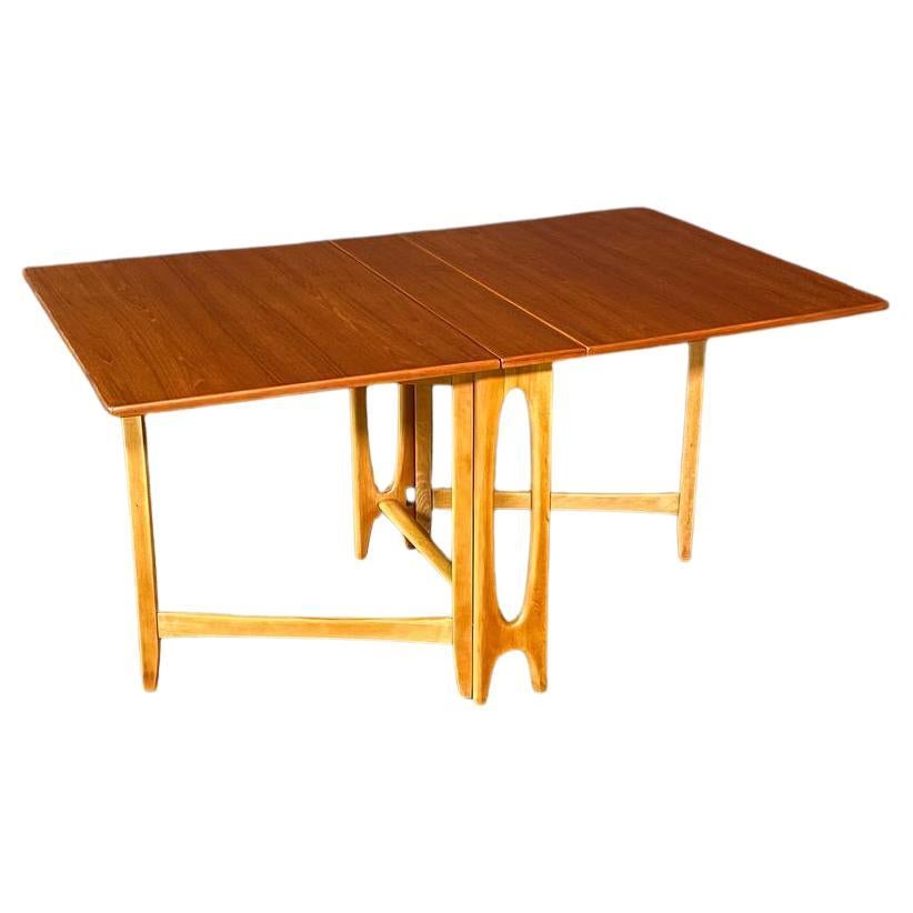 Newly Refinished - Vintage Norwegian Modern Teak & Birch Drop Leaf Dining Table For Sale