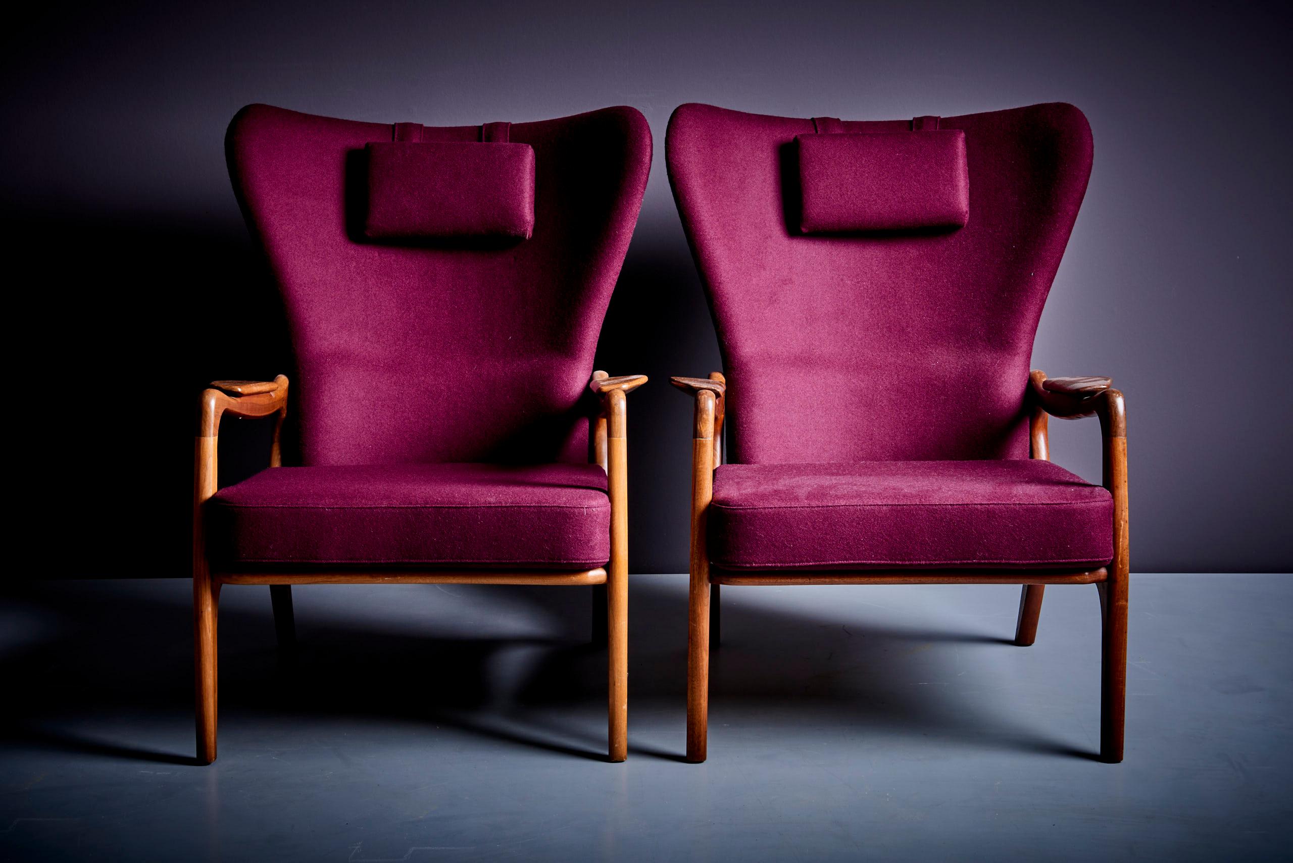 Newly Restored Pair of Plum Adrian Pearsall High Back Wing Lounge Chair 1950s For Sale 9