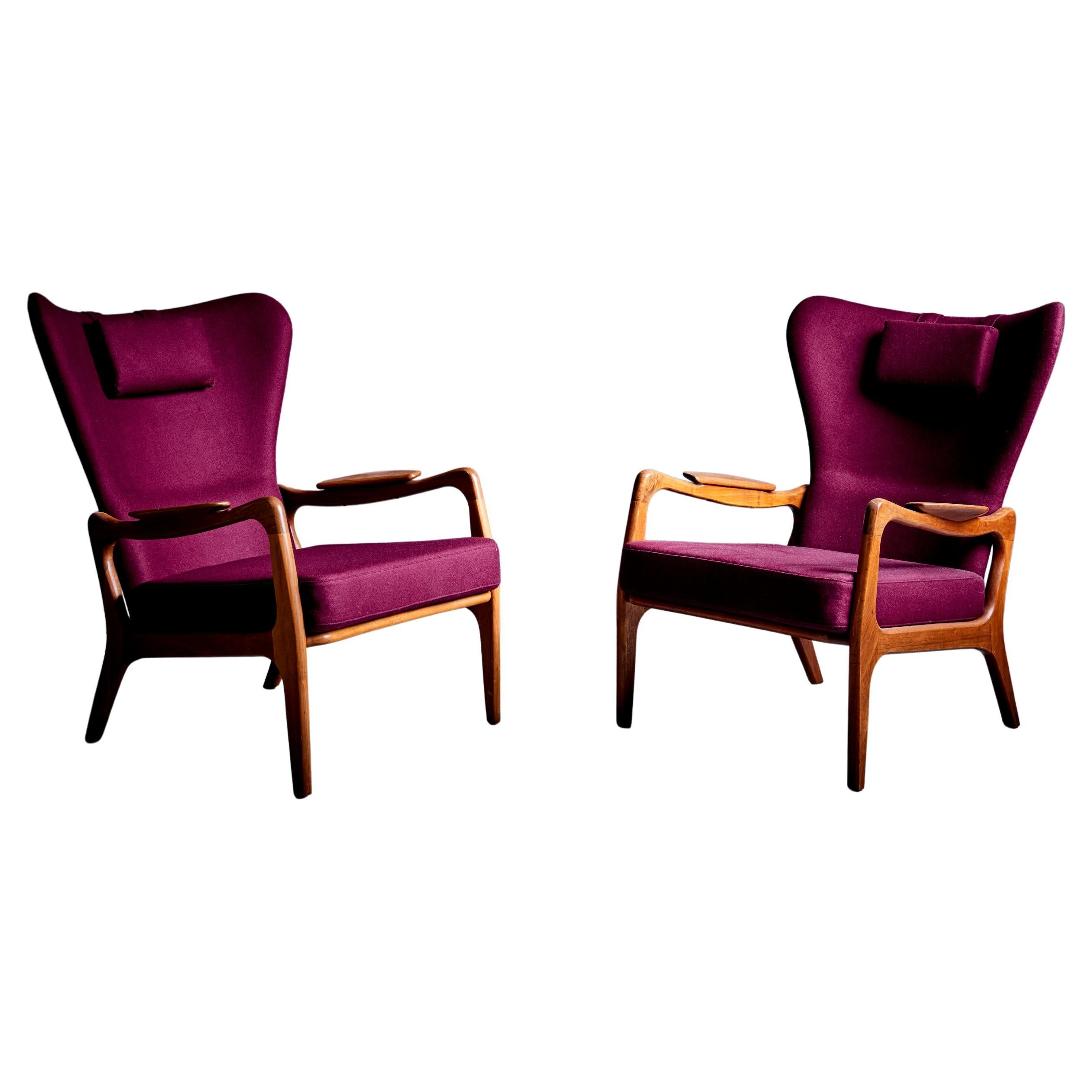 Newly Restored Pair of Plum Adrian Pearsall High Back Wing Lounge Chair 1950s For Sale