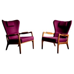 Vintage Newly Restored Pair of Plum Adrian Pearsall High Back Wing Lounge Chair 1950s