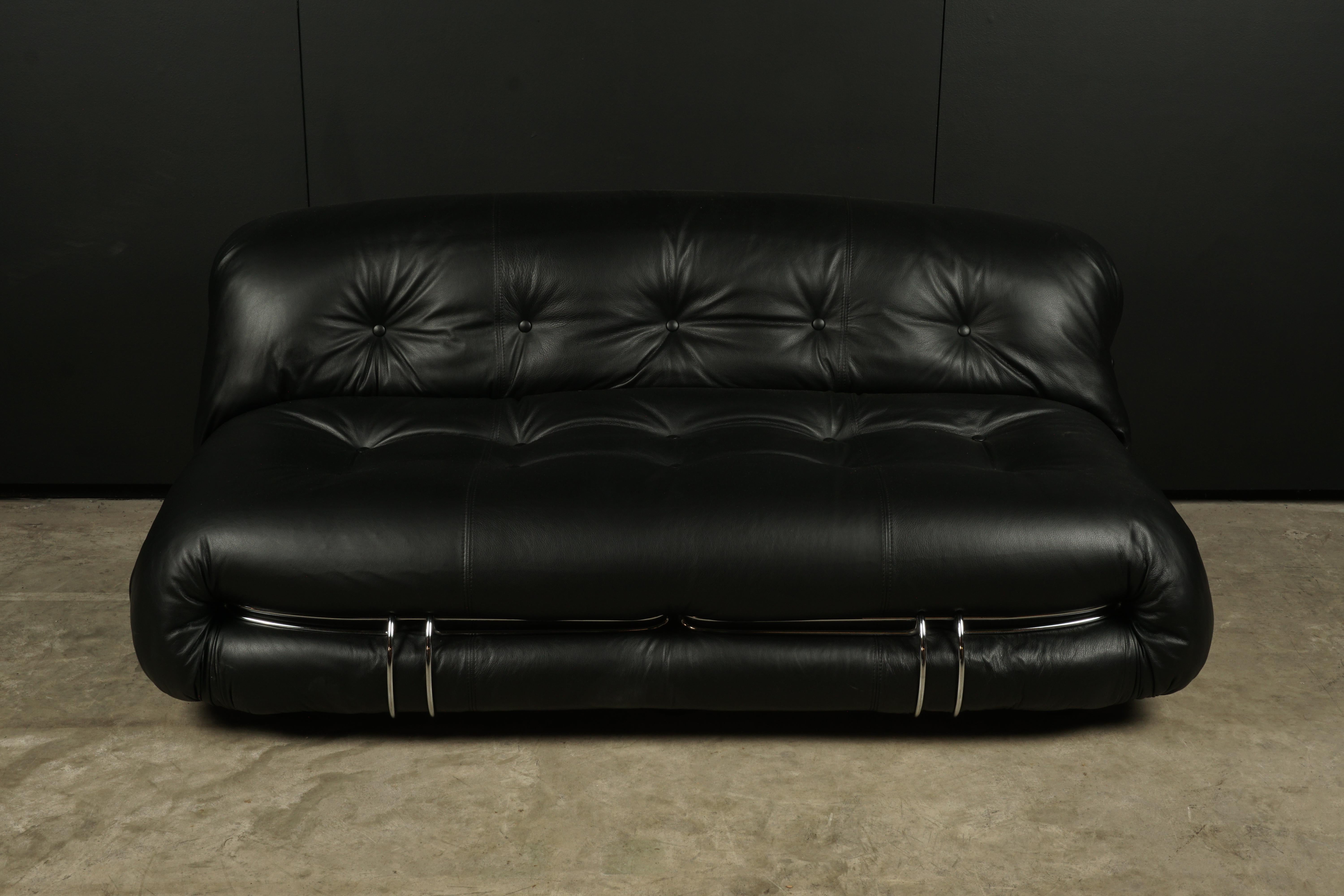 Vintage Soriana sofa by Afra & Tobia Scarpa for Cassina, circa 1970. Professionally restored with black aniline leather. Retains original sticker on the bottom.