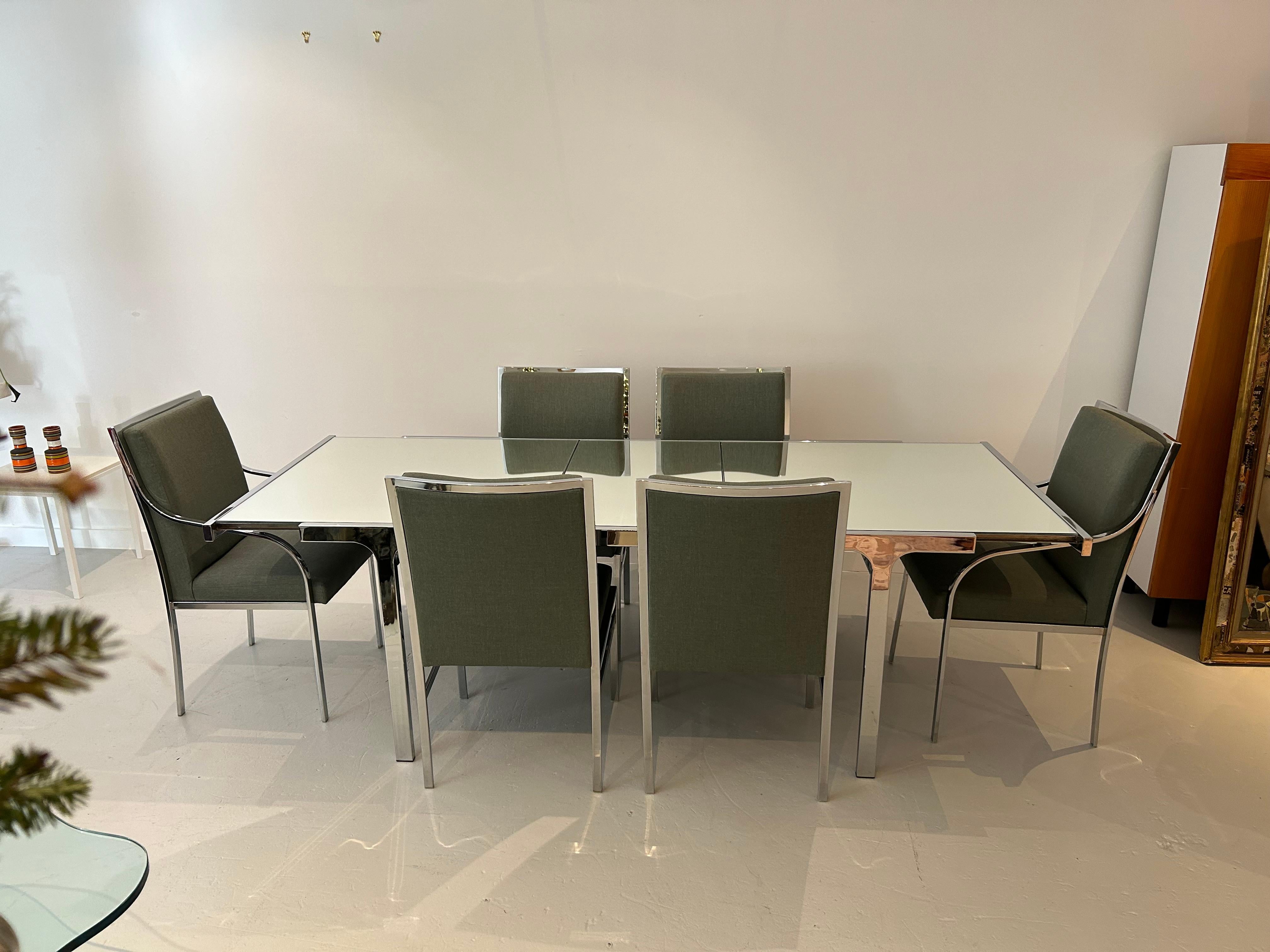 Newly Reupholstered Dining Set by Pierre Cardin with New Mirrored Tops For Sale 14