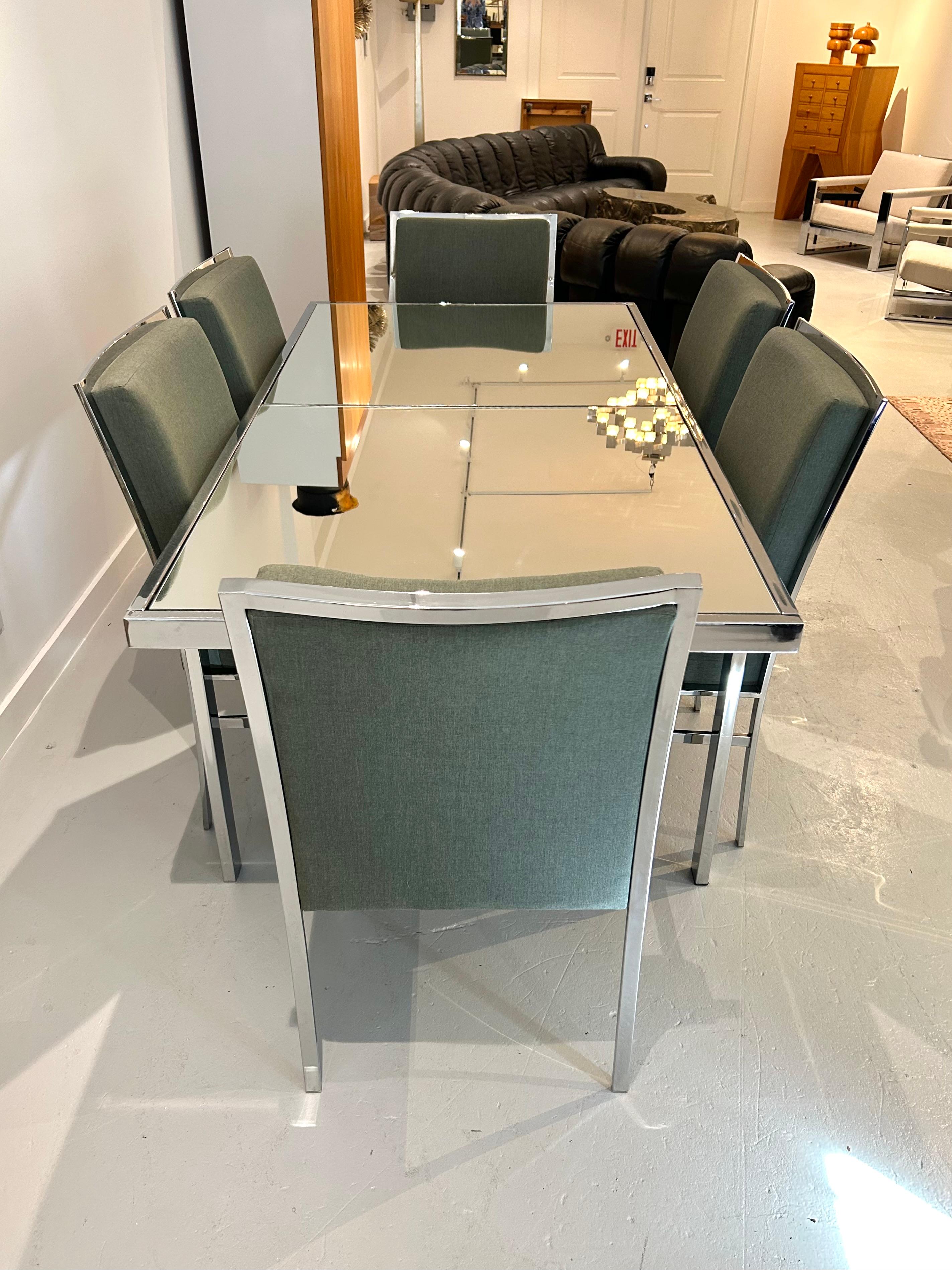 Newly Reupholstered Dining Set by Pierre Cardin with New Mirrored Tops For Sale 15