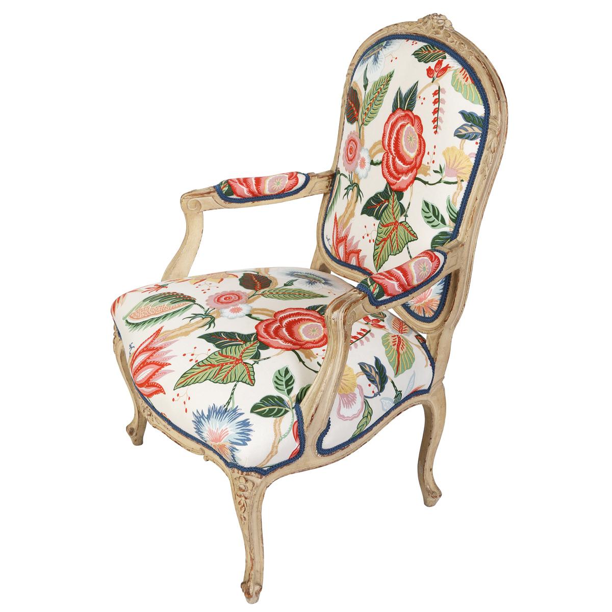 Hand-Carved Newly Reupholstered Floral Louis XV Style Armchair For Sale