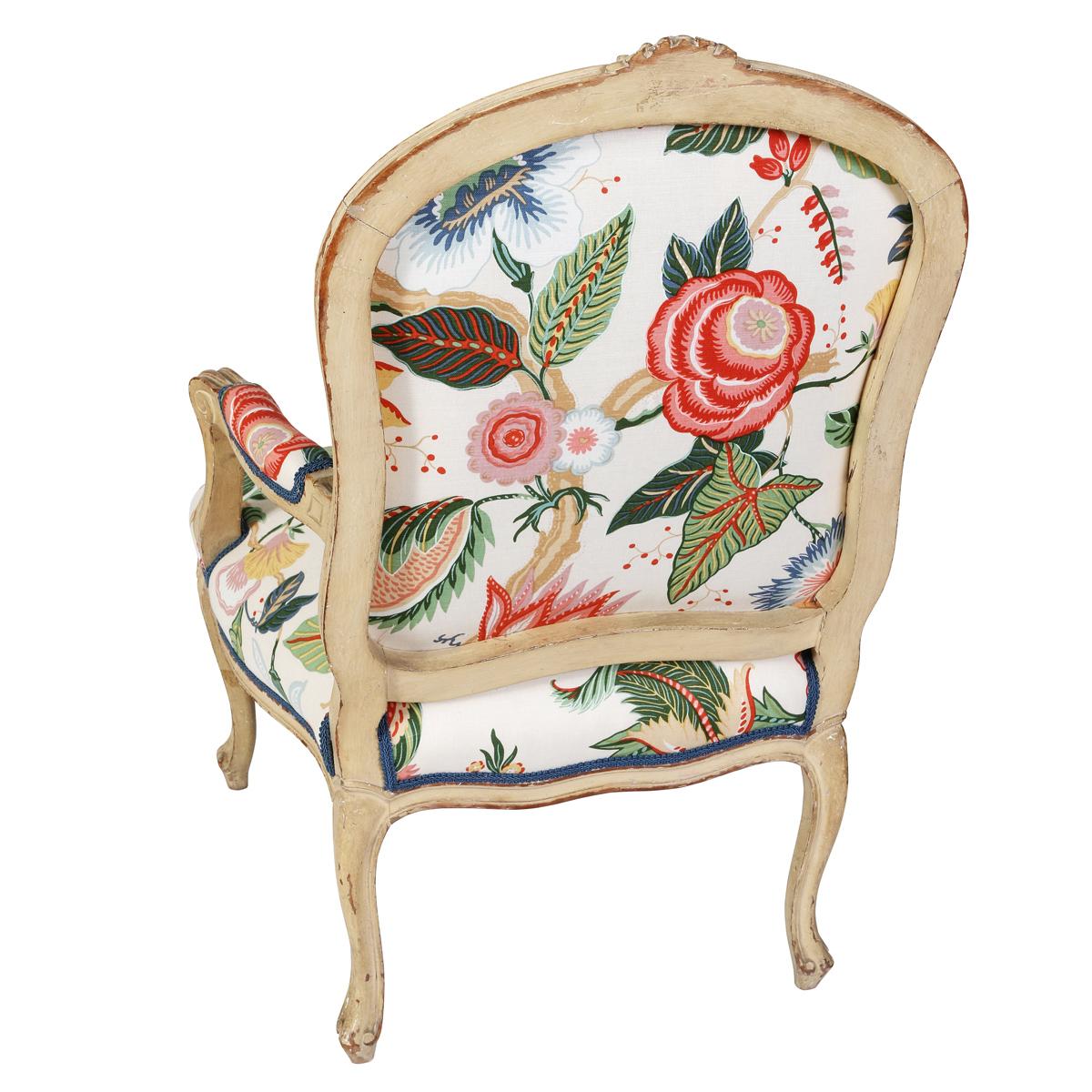 Newly Reupholstered Floral Louis XV Style Armchair In Good Condition For Sale In Locust Valley, NY