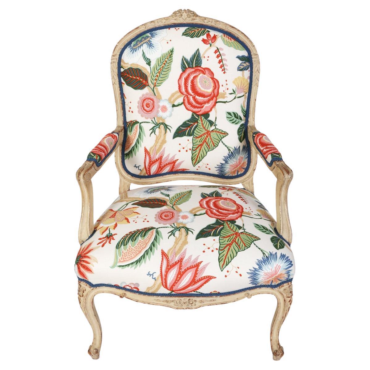 Newly Reupholstered Floral Louis XV Style Armchair For Sale