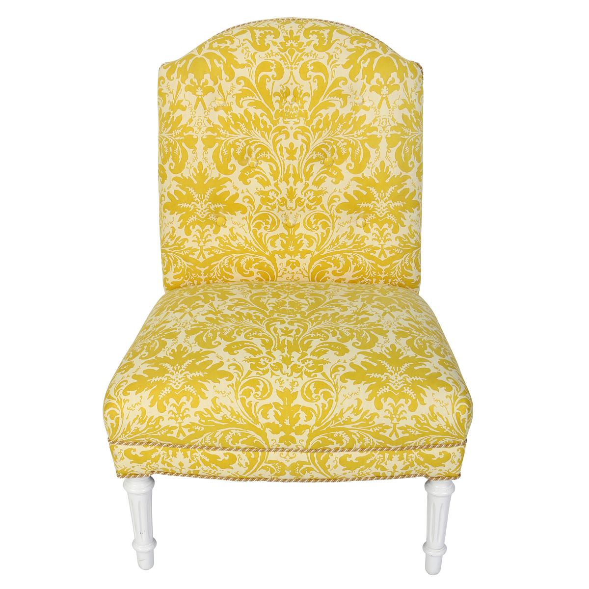 Newly Reupholstered Fortuny Yellow Silk Slipper Chair In Good Condition For Sale In Locust Valley, NY