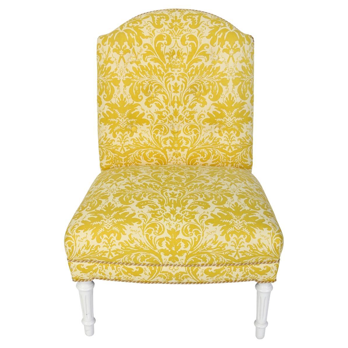 Newly Reupholstered Fortuny Yellow Silk Slipper Chair For Sale