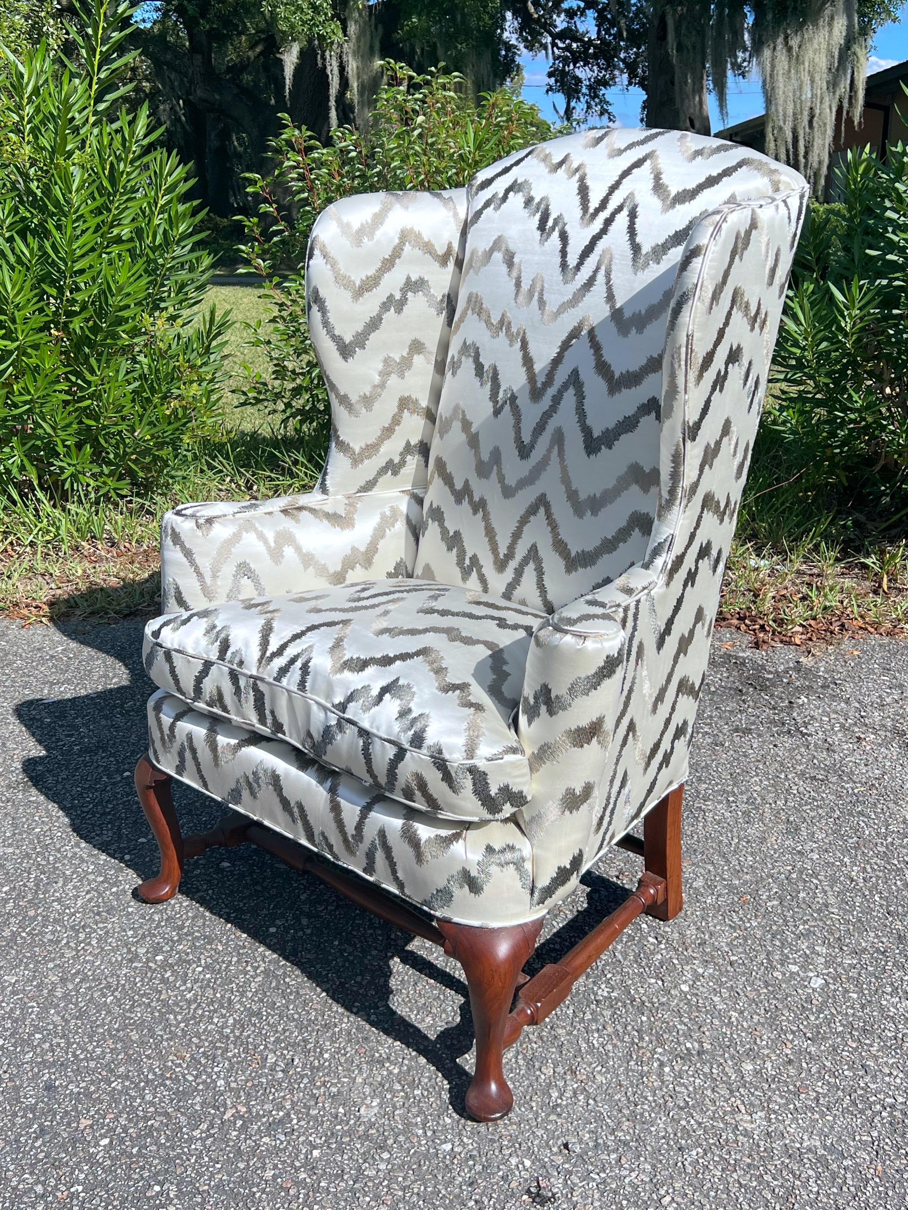 Newly Upholstered 19th Century English Mahogany Wingback Chair For Sale 1