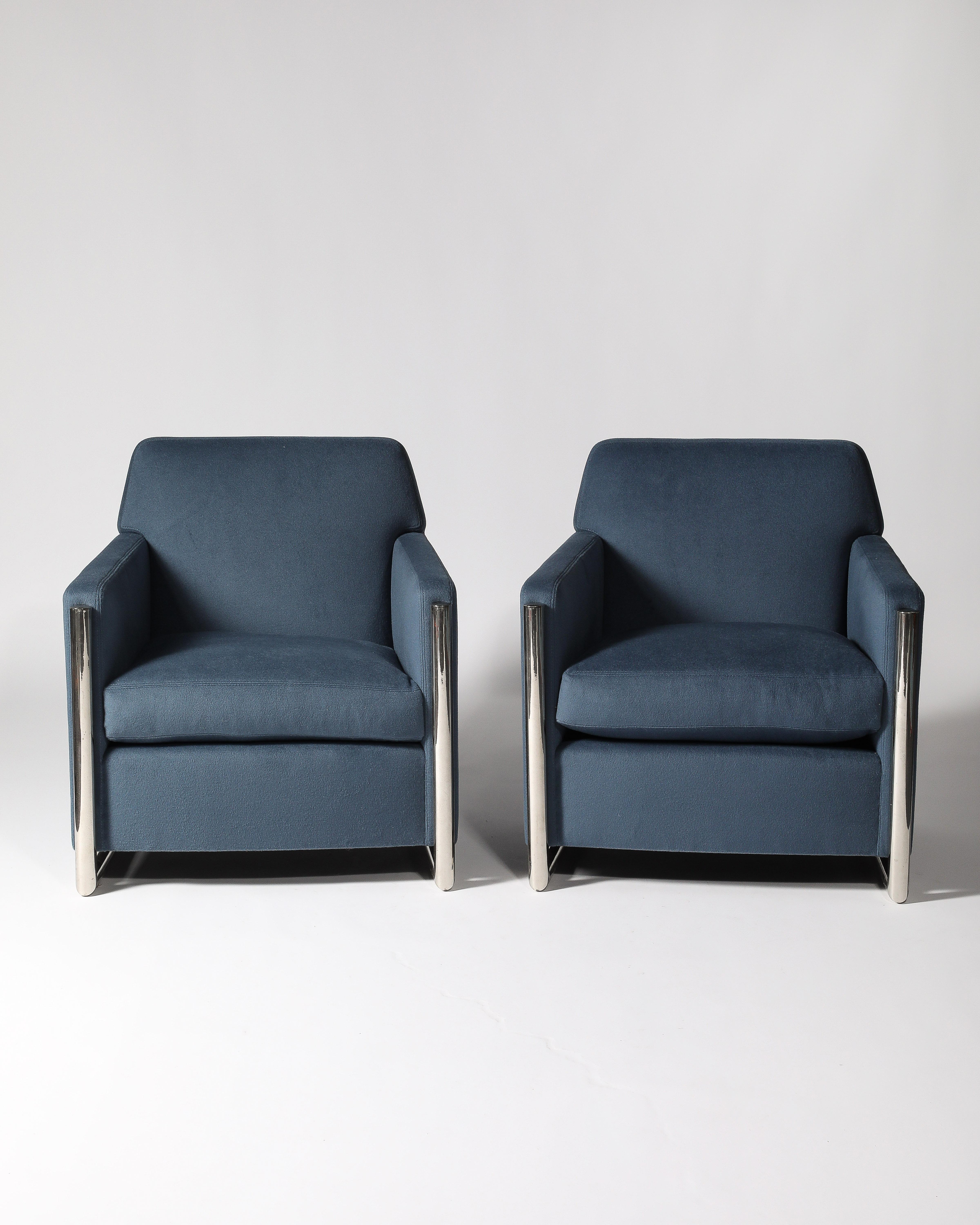 Newly Upholstered Alpaca and Steel Armchairs, Italy, c. 1960 Angular pair of newly upholstered armchairs. Sourced in Italy but unattributed. Upholstered in 