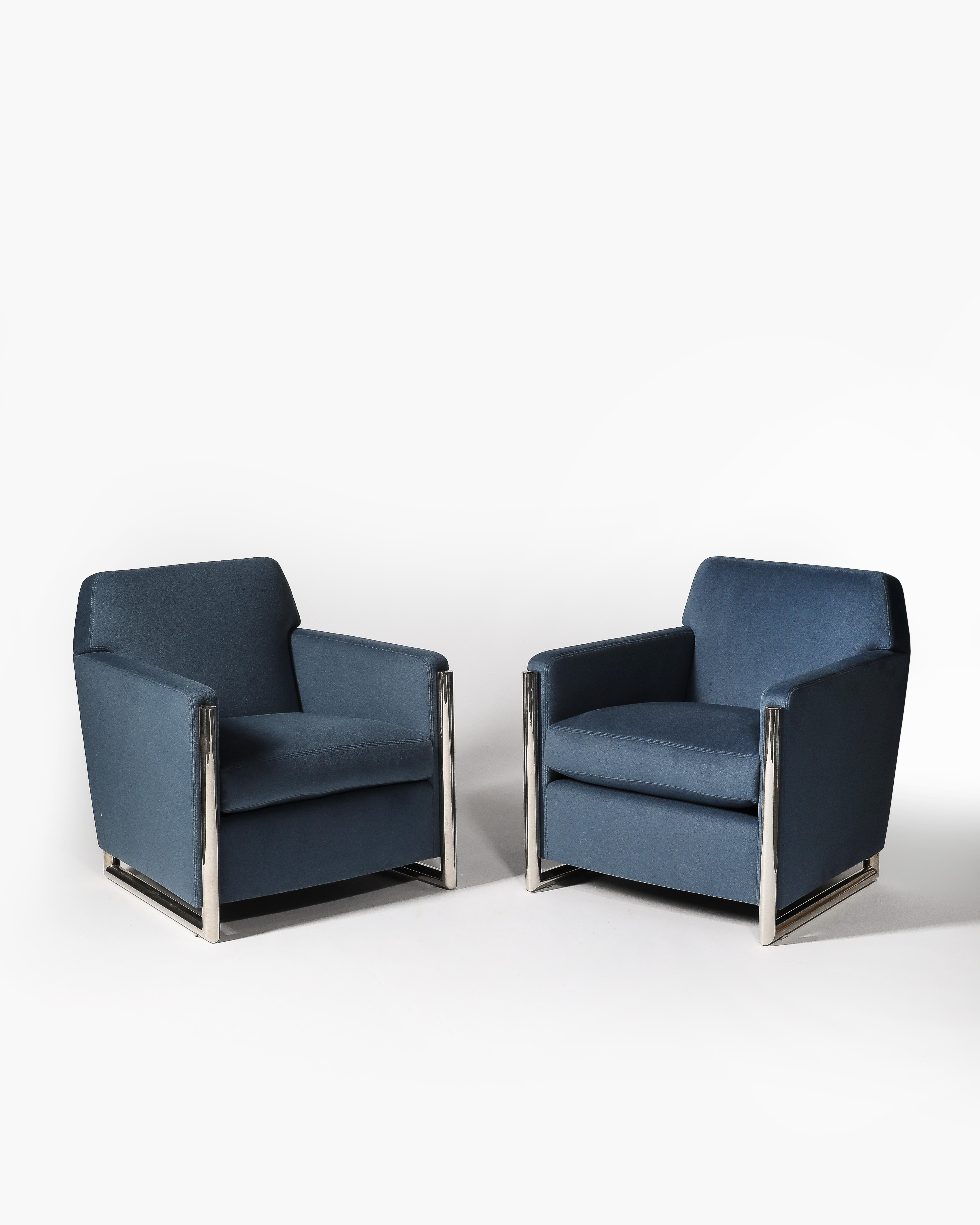 Italian Newly Upholstered Alpaca and Steel Armchairs, Italy, c. 1960 For Sale