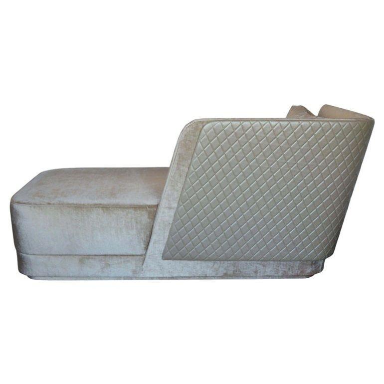 Leather Newly Upholstered Champagne Silk Velvet Chaise Lounge For Sale