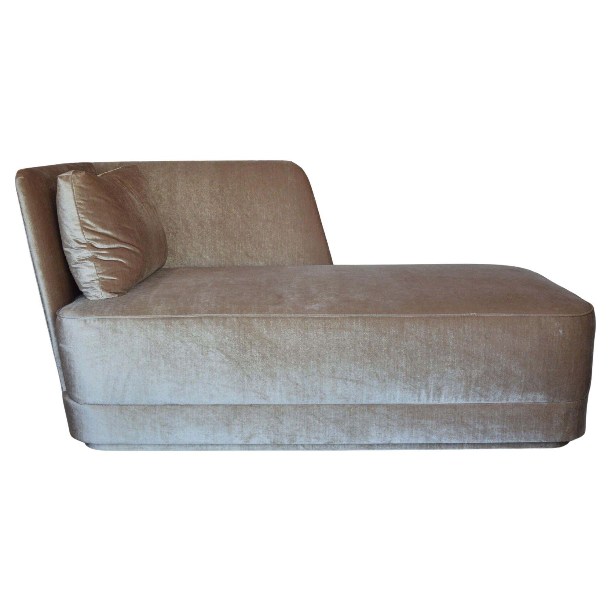 Newly upholstered champagne silk velvet and stiched leather back detail. Can be used as a small sofa as well.