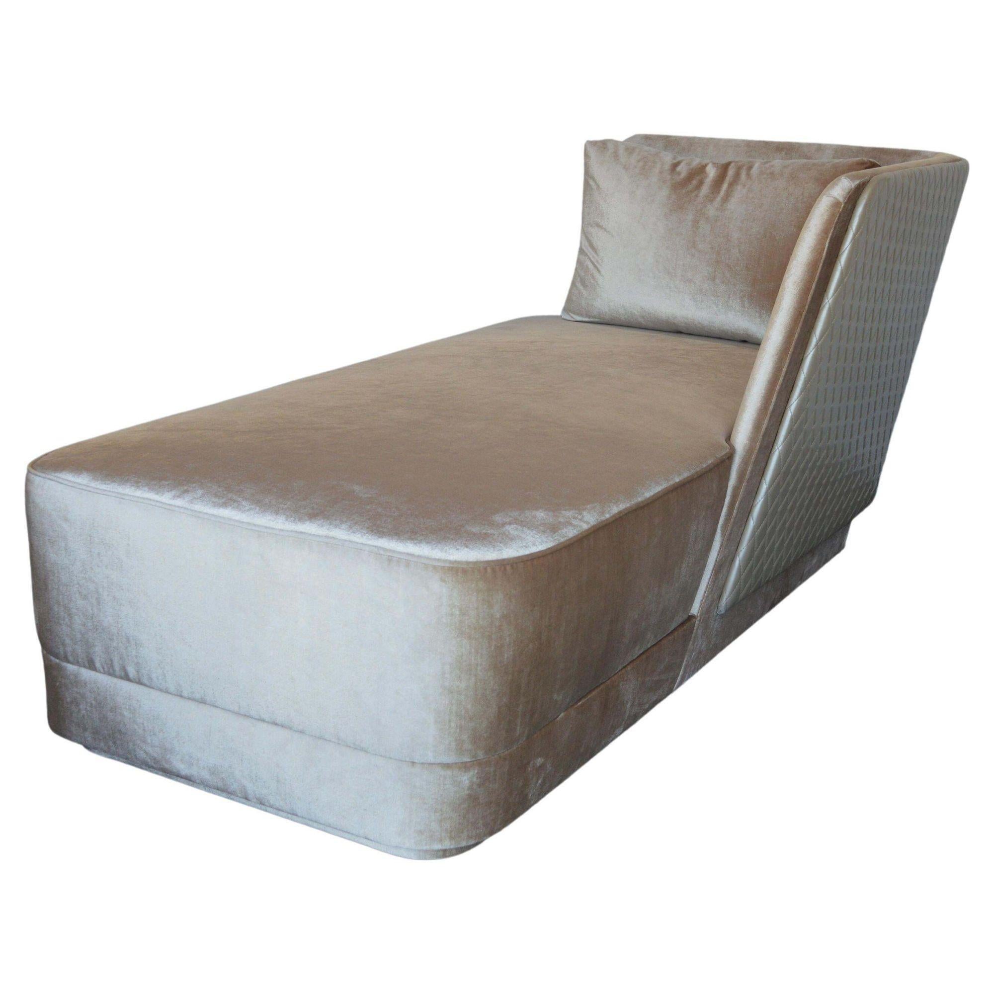 Leather Newly Upholstered Champagne Silk Velvet Chaise Lounge For Sale