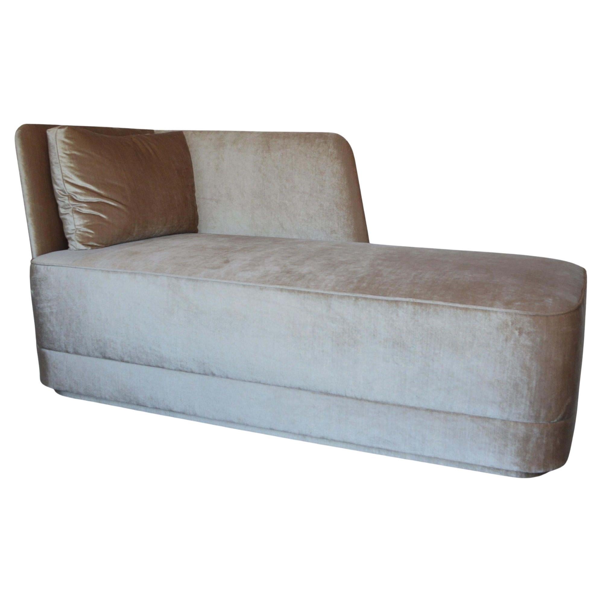 Newly Upholstered Champagne Silk Velvet Chaise Lounge For Sale