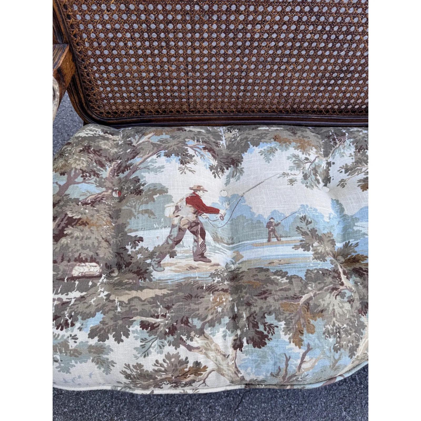 Newly Upholstered French Cane Back Bench For Sale 6