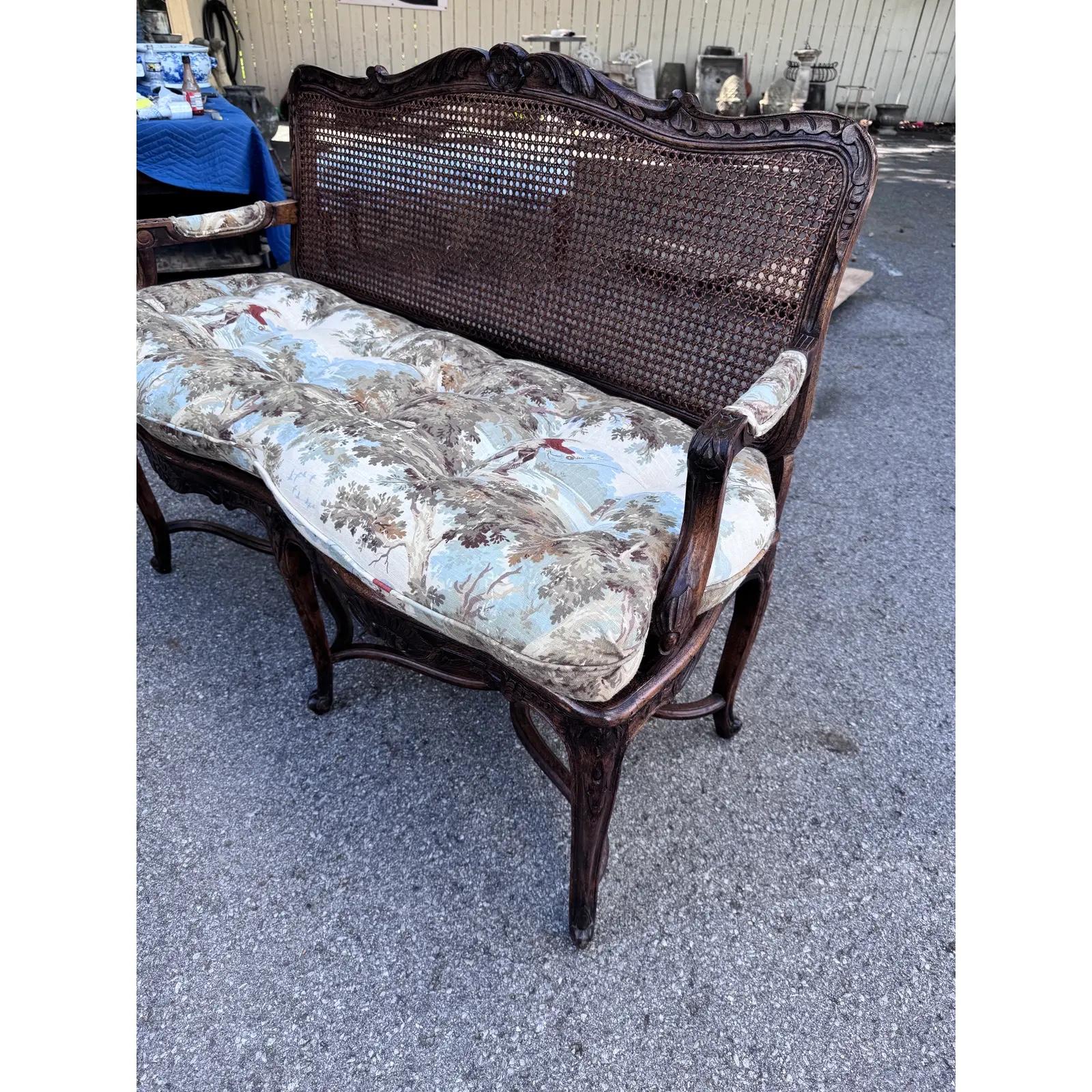 This is an amazing 20th century French cane seat bench with beautiful patina. The leg, arm and back rest have beautiful millwork, as well as the gorgeous cane back. The fabric has a 