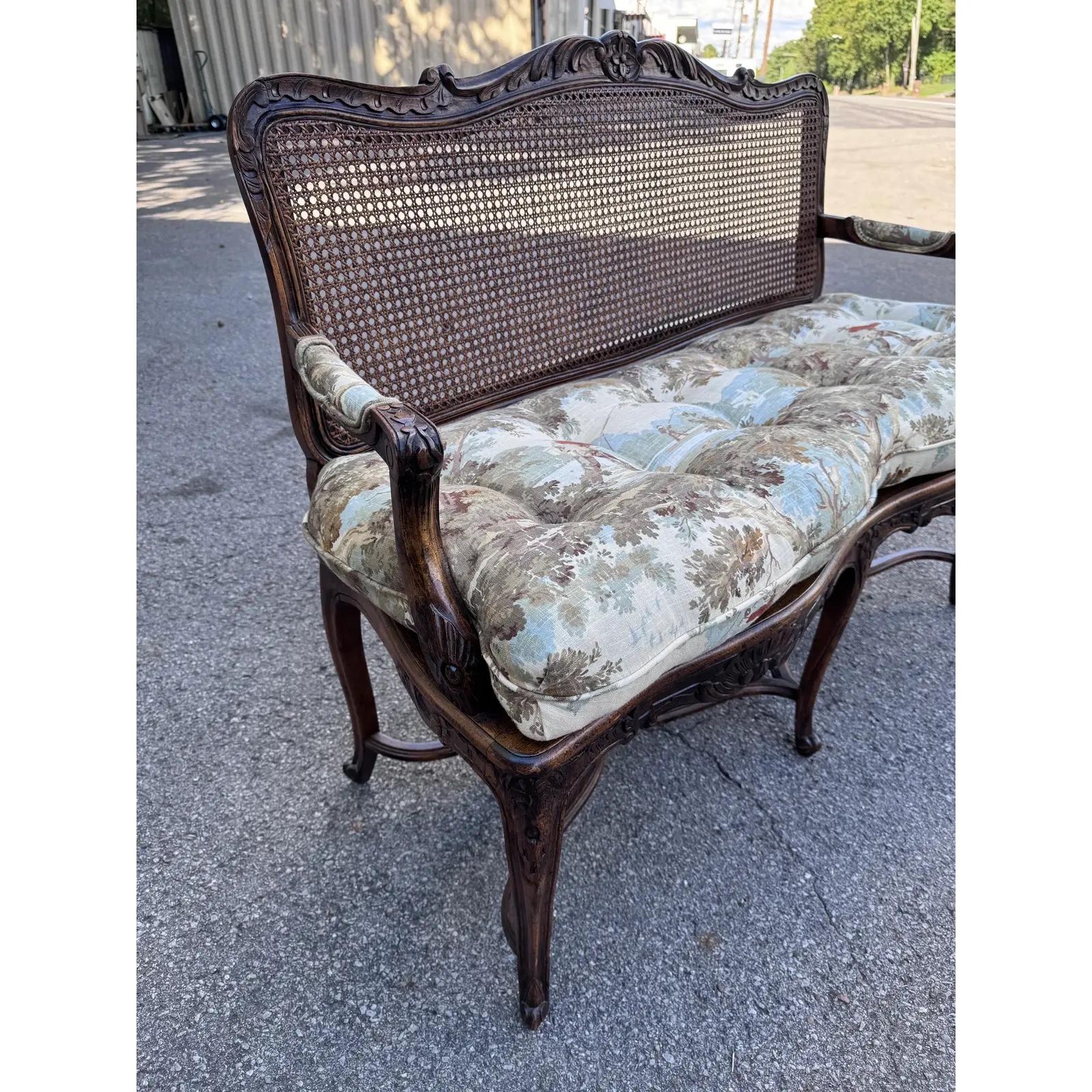 Fabric Newly Upholstered French Cane Back Bench For Sale