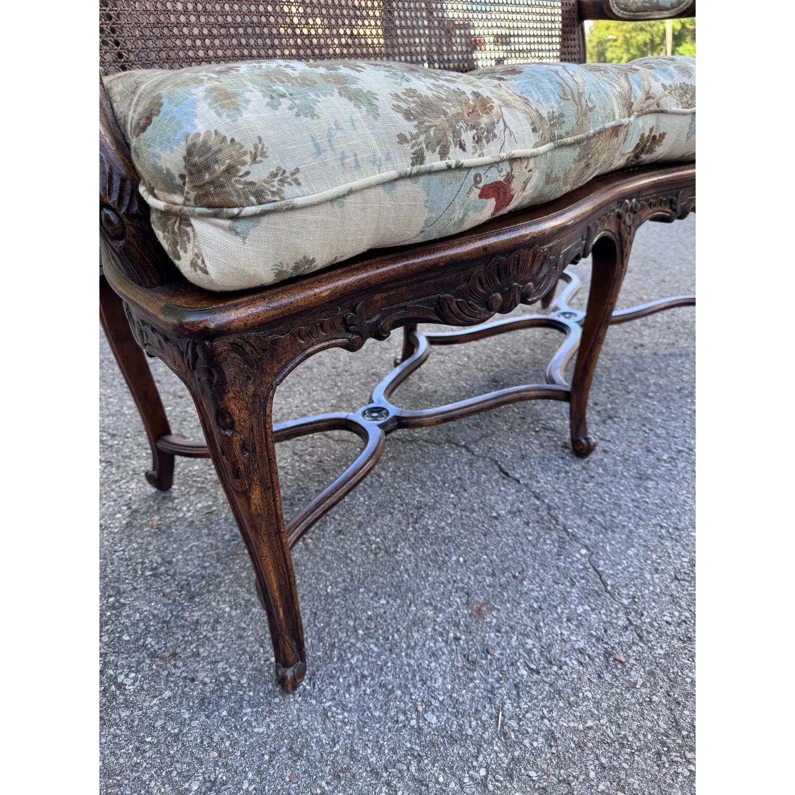 Newly Upholstered French Cane Back Bench For Sale 1