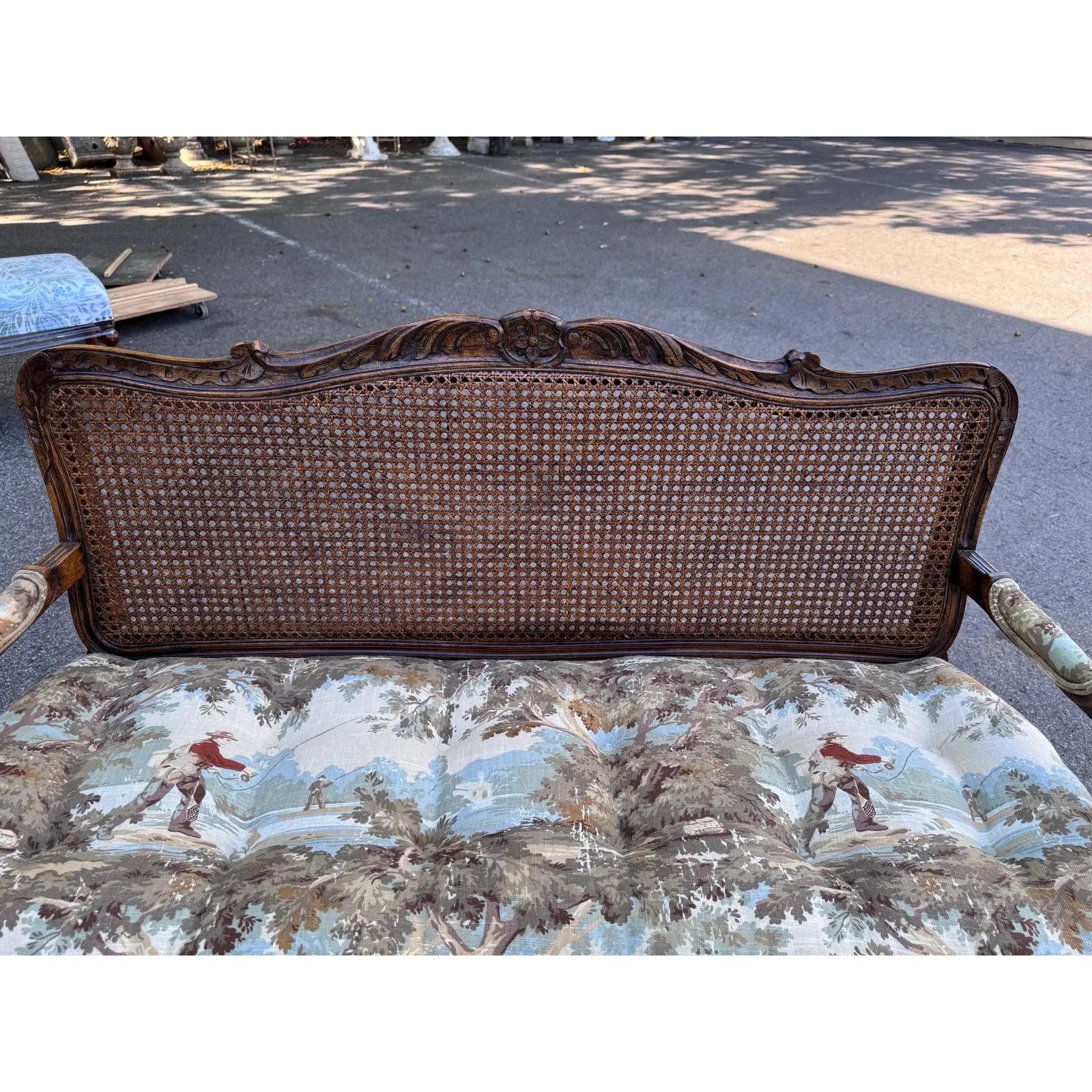 Newly Upholstered French Cane Back Bench For Sale 2