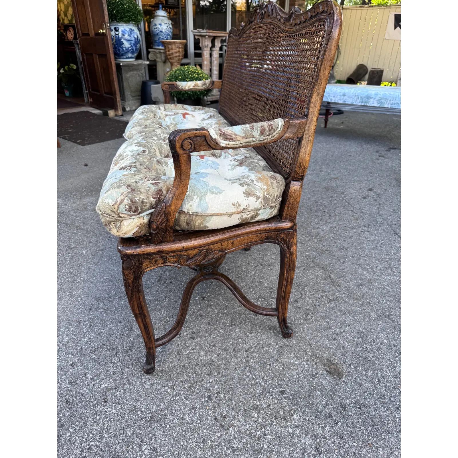 Newly Upholstered French Cane Back Bench For Sale 3