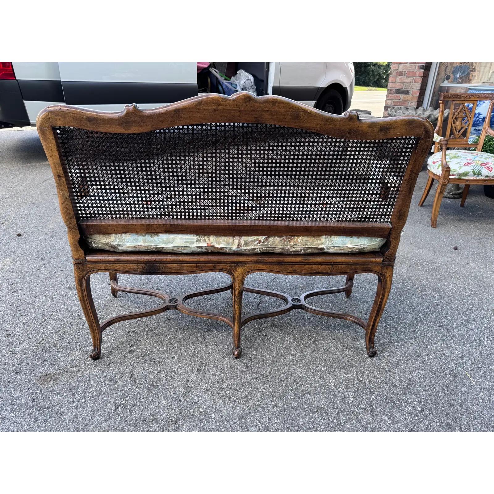 Newly Upholstered French Cane Back Bench For Sale 4
