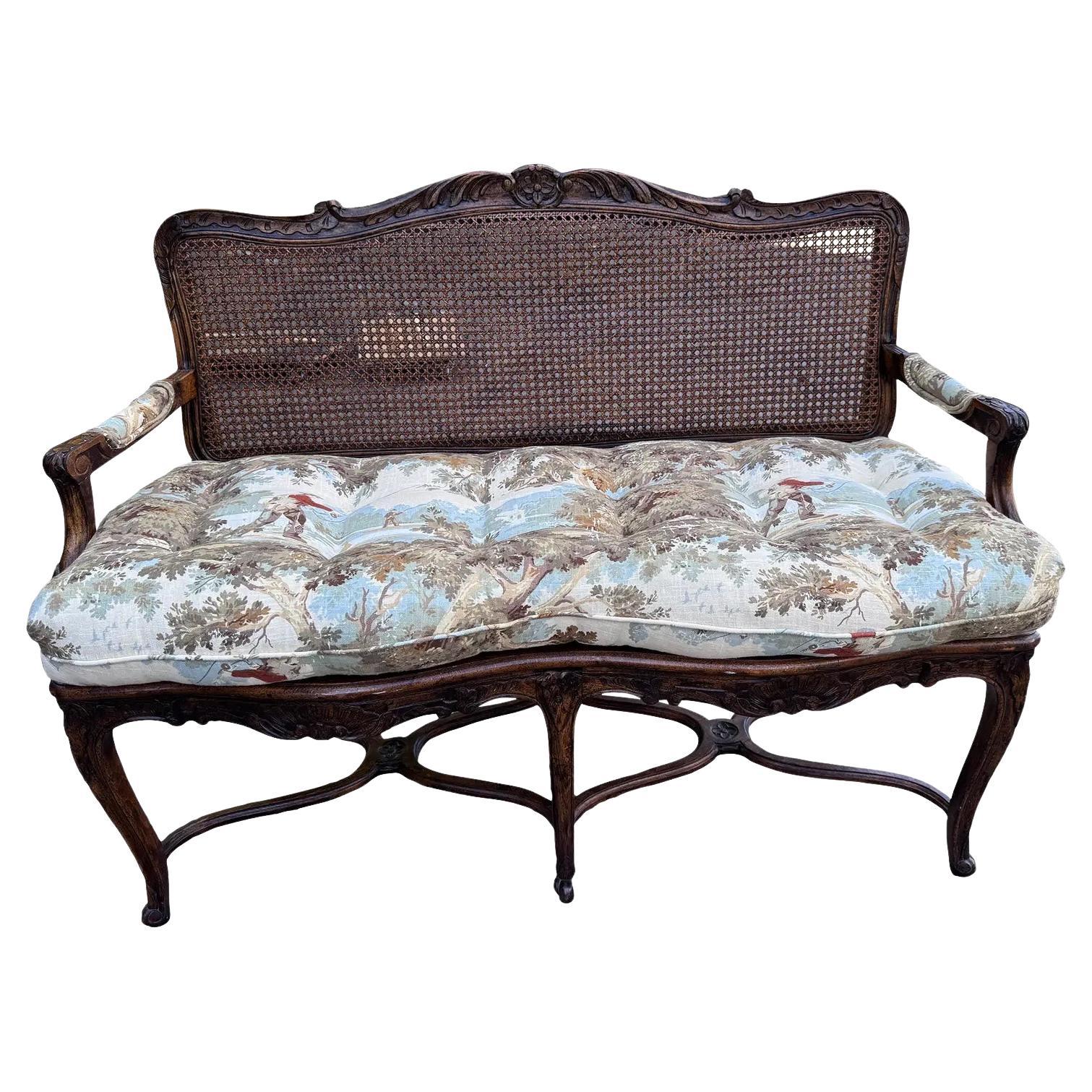 Newly Upholstered French Cane Back Bench For Sale