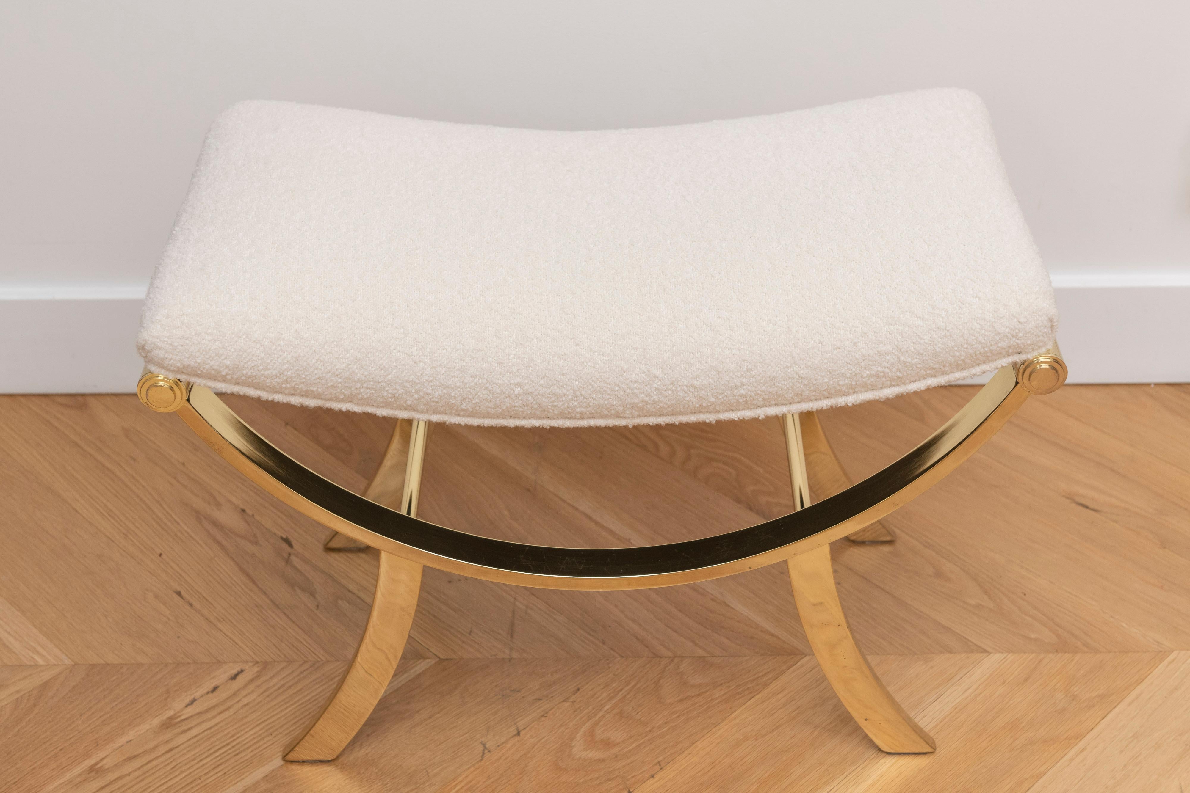 Newly upholstered Hollywood Regency Style Italian Brass Stool In Good Condition For Sale In San Francisco, CA